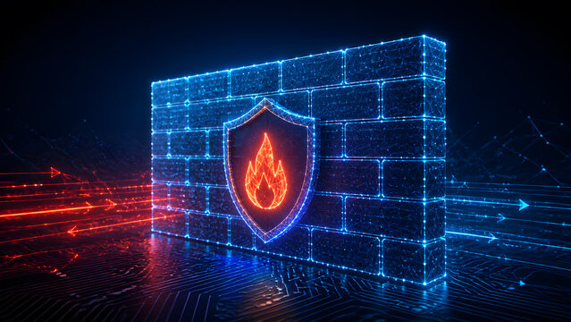 Digital firewall brick wall blocks red data stream using glowing shield with flame icon for network protection