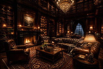 Obraz premium A richly decorated, dimly lit library or study with dark wood paneling, bookshelves, a fireplace, and luxurious leather furniture.