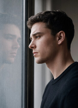 Young man with a thoughtful expression gazes through a window, his reflection visible in the glass, creating a quiet introspective portrait indoors.