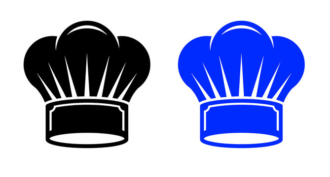 Two chef hats in black and blue silhouette against a white background culinary headwear
