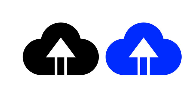 Two cloud upload symbols in black and blue with white background for data transfer