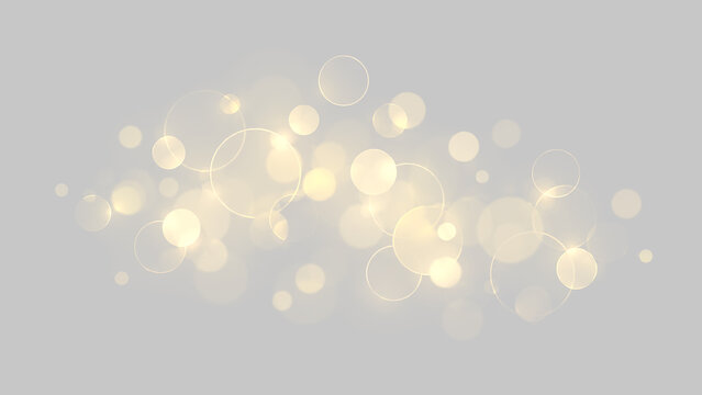 Effetto bokeh con cerchi luminosi dorati e bagliori su sfondo trasparente PNG. Sovrapposizione di luci sfocate per design festivo