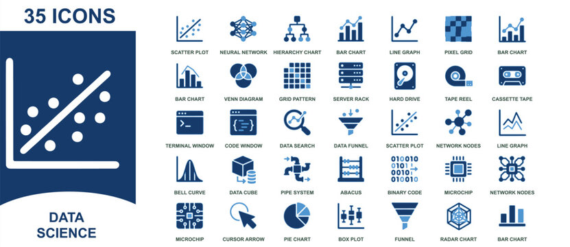 Data science icon set featuring statistical analysis and machine learning tools