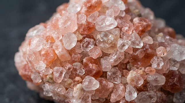 Close-up of pink Himalayan salt crystals on dark background for health and culinary use