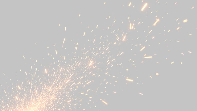 Scintille di fuoco dorate che volano verso l'alto isolate su sfondo trasparente. Effetto particelle luminose ed esplosione di braci ardenti PNG