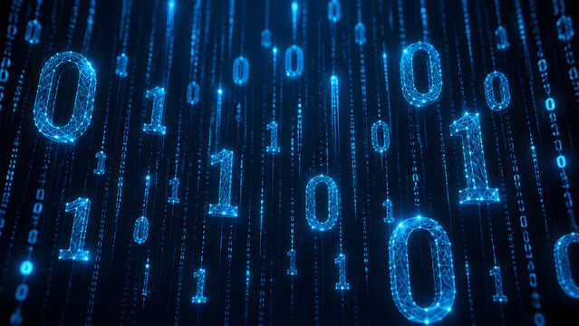Falling glowing binary code number zero and one streaming down through digital matrix background representing data technology