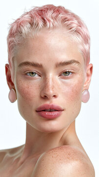 Woman with short pastel pink hair and rose quartz earrings. Trendy pink hair color, freckled skin, minimal beauty portrait.