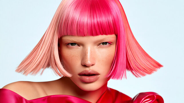 Woman with vivid pink bob haircut and bangs, gradient dye from blonde to pink, glossy healthy hair in bold trendy fashion editorial style.