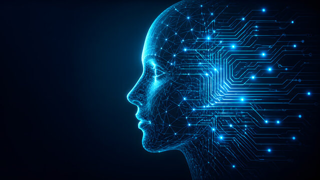 Human head profile made of glowing circuit line merging into blue technology network representing artificial brain