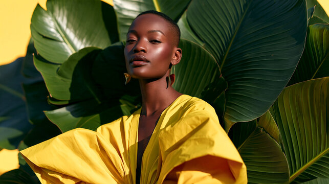 Confident woman in vivid yellow tropical outfit poses amid glossy banana leaves, bold editorial fashion look with striking color contrast and natural glow.
