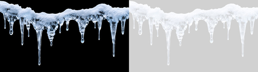 Bordo di neve con ghiaccioli pendenti e stalattiti di ghiaccio in formato PNG. Strato di neve fresca e ghiaccio trasparente isolato su sfondo trasparente © Igor