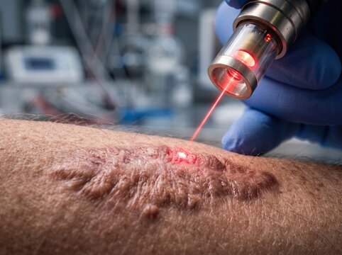 Close-up of a medical laser device removing a scar and keloid tissue on a patient's skin in a professional dermatology clinic.