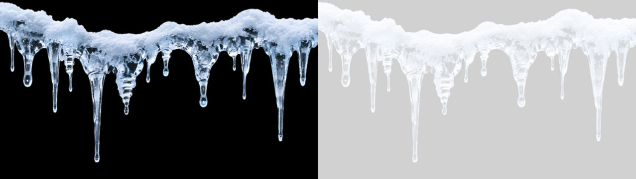 Bordo di neve con ghiaccioli pendenti e stalattiti di ghiaccio in formato PNG. Strato di neve fresca e ghiaccio trasparente isolato su sfondo trasparente