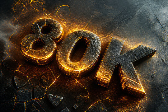 Glowing, metallic text "80K" is displayed on a dark, textured surface with fiery embers surrounding it.