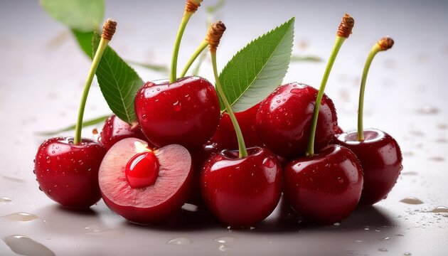 Fresh Ripe Red Cherries With Green Stems And Leaves Some With Water Drops A Half Cherry Showing The Pit