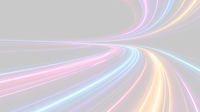 Linee luminose colorate su sfondo trasparente PNG. Scie di luce curva multicolore con effetto velocita e movimento dinamico