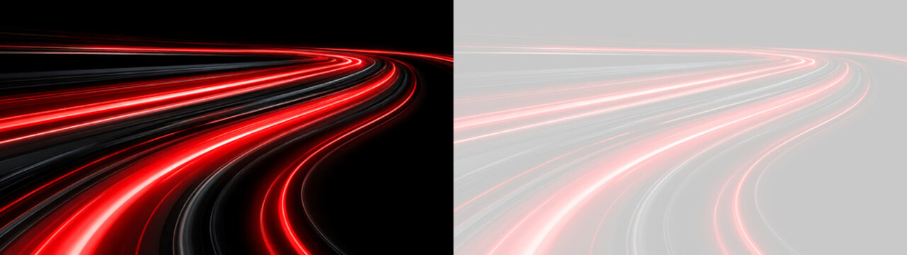 Scie luminose rosse e bianche di traffico in velocita su curva stradale con sfondo trasparente PNG