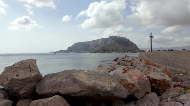 Slow motion view of Monte Pellegrino and Mediterranean coast, Mondello, Sicily