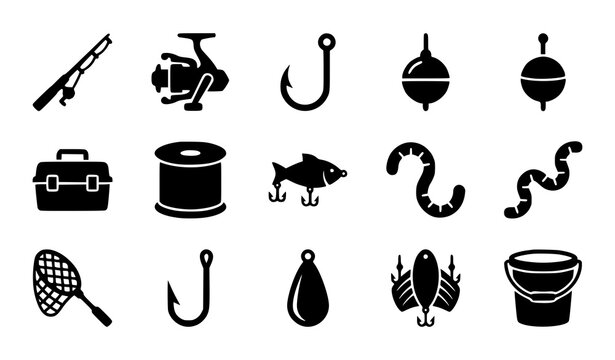 Fishing Gear Solid Icons Set Featuring Rod Reel Hooks Lures Tackle Box Net and Essential Angling Equipment