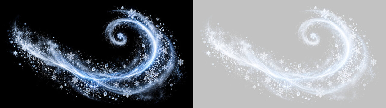 Vortice magico di fiocchi di neve e cristalli di ghiaccio con effetto bufera invernale su sfondo trasparente PNG
