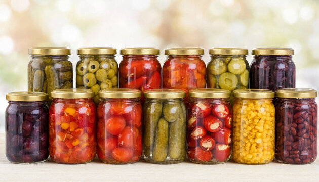Assorted pickled vegetables arranged in glass jars on a light surface, showcasing various colors and textures for food or market themes. Suitable for labels or culinary content.