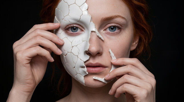 Redhead woman removing cracked porcelain mask from her face. Surreal portrait exploring identity and hidden emotions.