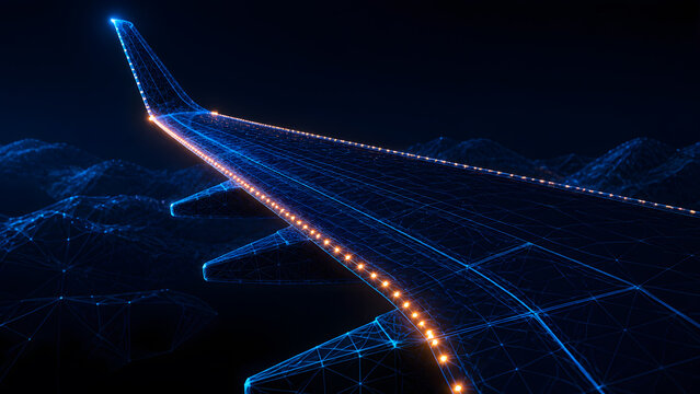 Airplane wing flies above mountain range showing digital wireframe design with glowing orange navigation light strip
