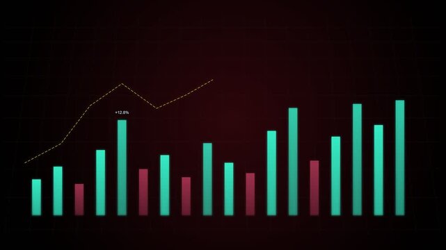 A visual representation of a sound equalizer or data bar chart with glowing cyan and magenta vertical bars arranged on a dark grid pattern with a trend line.