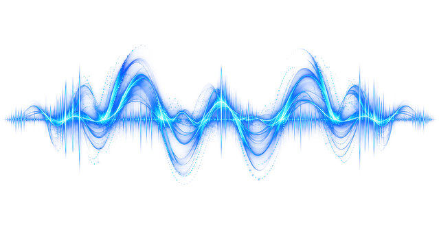 Onda sonora blu fluida con particelle luminose ed equalizzatore audio PNG