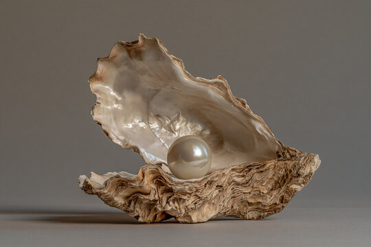 Natural white pearl resting inside an open textured oyster shell with sea shell
