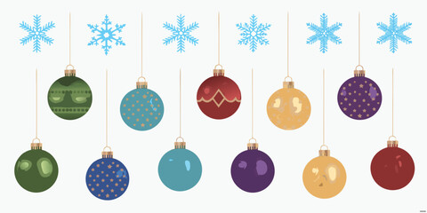 Obraz premium Hanging christmas ornaments and snowflakes a flat vector illustration