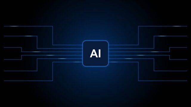 A stylized electronic chip icon labeled AI with connecting circuit board lines on a dark blue gradient .