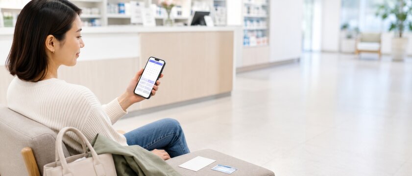 Woman checking flu season preparations in pharmacy waiting area, background