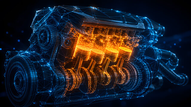 V8 engine reveals internal piston movement showing digital wireframe design with glowing orange combustion chamber detail
