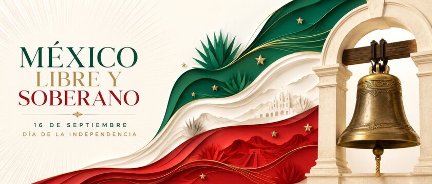 Mexico Independence Day celebration with bell and Mexican flag in vibrant design