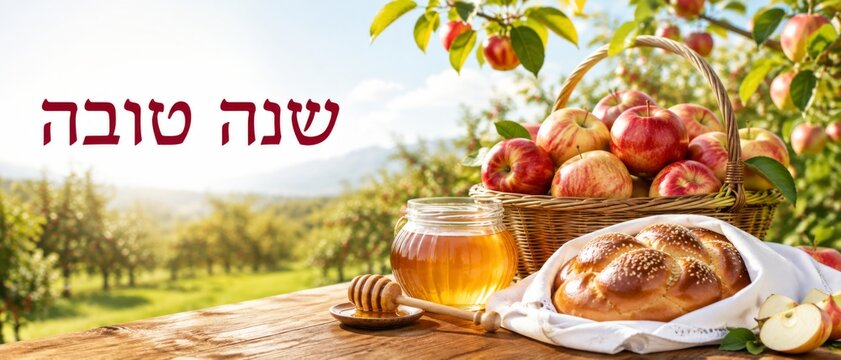 Rosh Hashanah apples and honey on table with braided bread, outdoors setting
