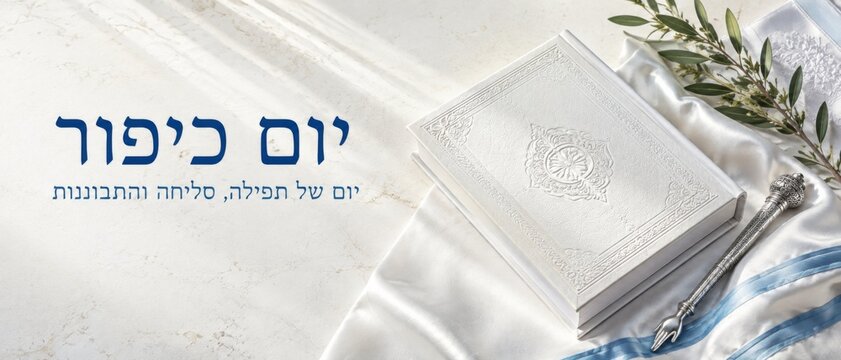 Yom Kippur imagery featuring a white prayer book, silver cup, and olive branches