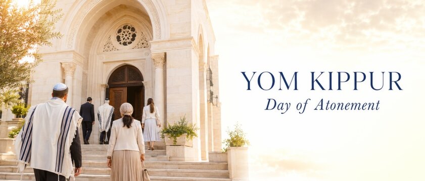 Yom Kippur celebration with people entering synagogue, text space on serene background
