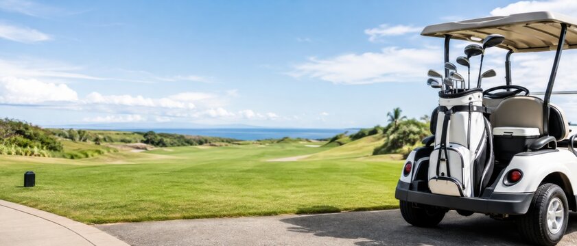 Golf course with golf cart on sunny day and ocean view, background
