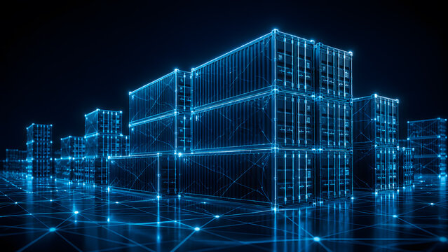 Stacked shipping container yard at night in glowing blue low poly wireframe network style illustration