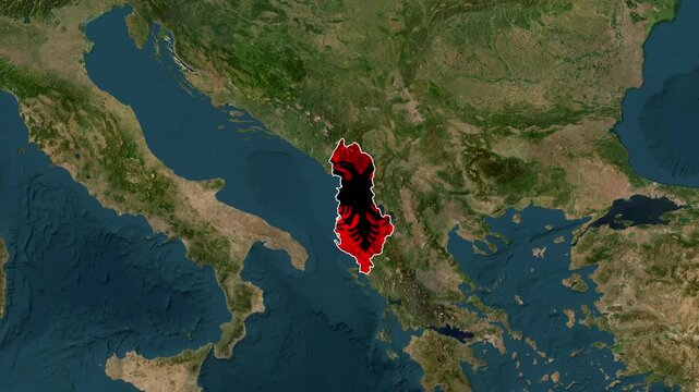 Albania outlined on satellite map showing surrounding countries and seas motion