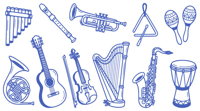 Musical instruments blue outline collection for music education and graphic designs.