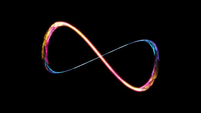 Glowing Neon Infinity Symbol Made of Multicolored Flowing Particle Trails on a Black Background