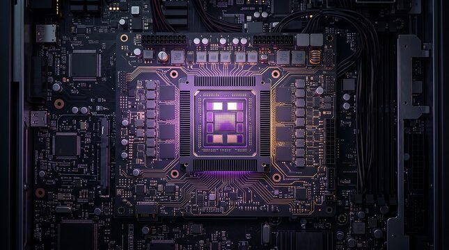 High performance computer processor chip on motherboard with glowing purple light.