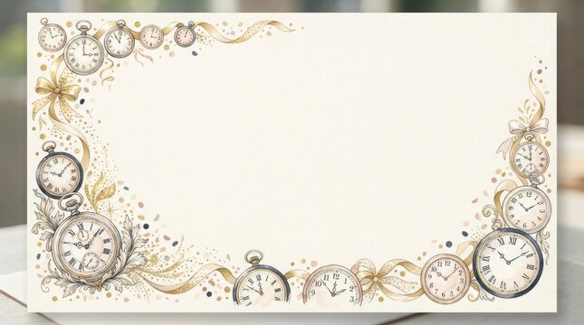 Vintage pocket watch frame with golden ribbons and confetti