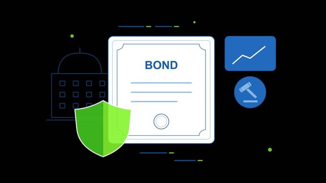 Flat vector illustration of a bond certificate icon featuring a green shield protector, a building silhouette, and a blue floating rectangular element.