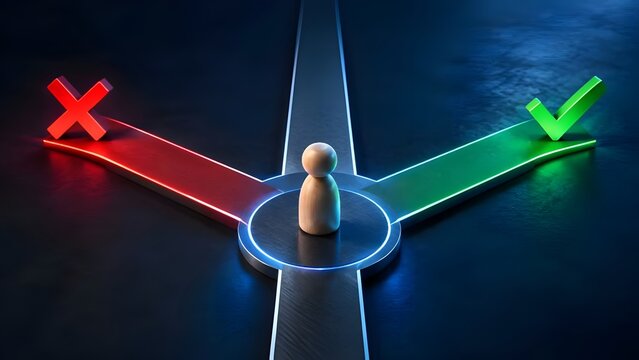Wooden figure at a three way decision junction choosing between a red wrong path and a green correct path for business strategy