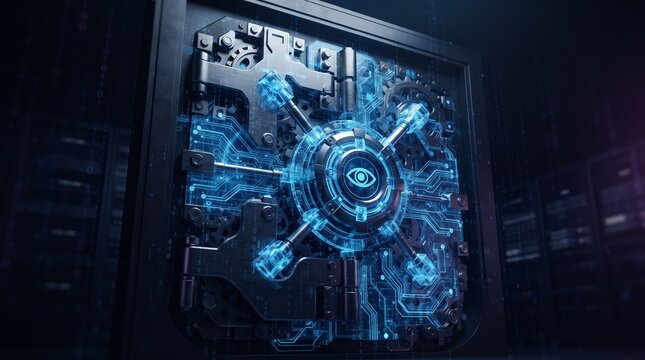 Secure futuristic cyber vault door with glowing blue digital circuits and data encryption lock