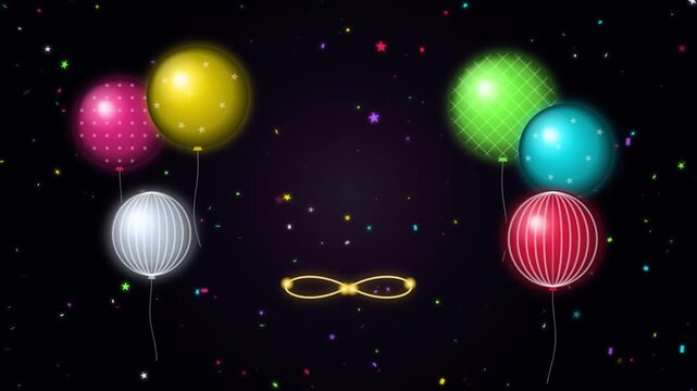 Colorful Floating Balloons with Sparkling Confetti and Golden Celebration Loop