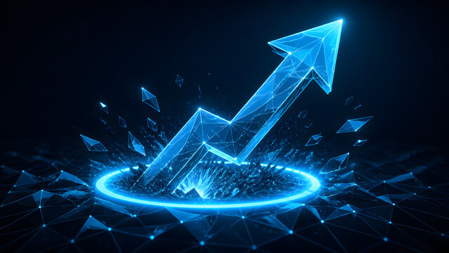 Arrow breaking through glowing ring in bright blue low poly wireframe network growth style illustration